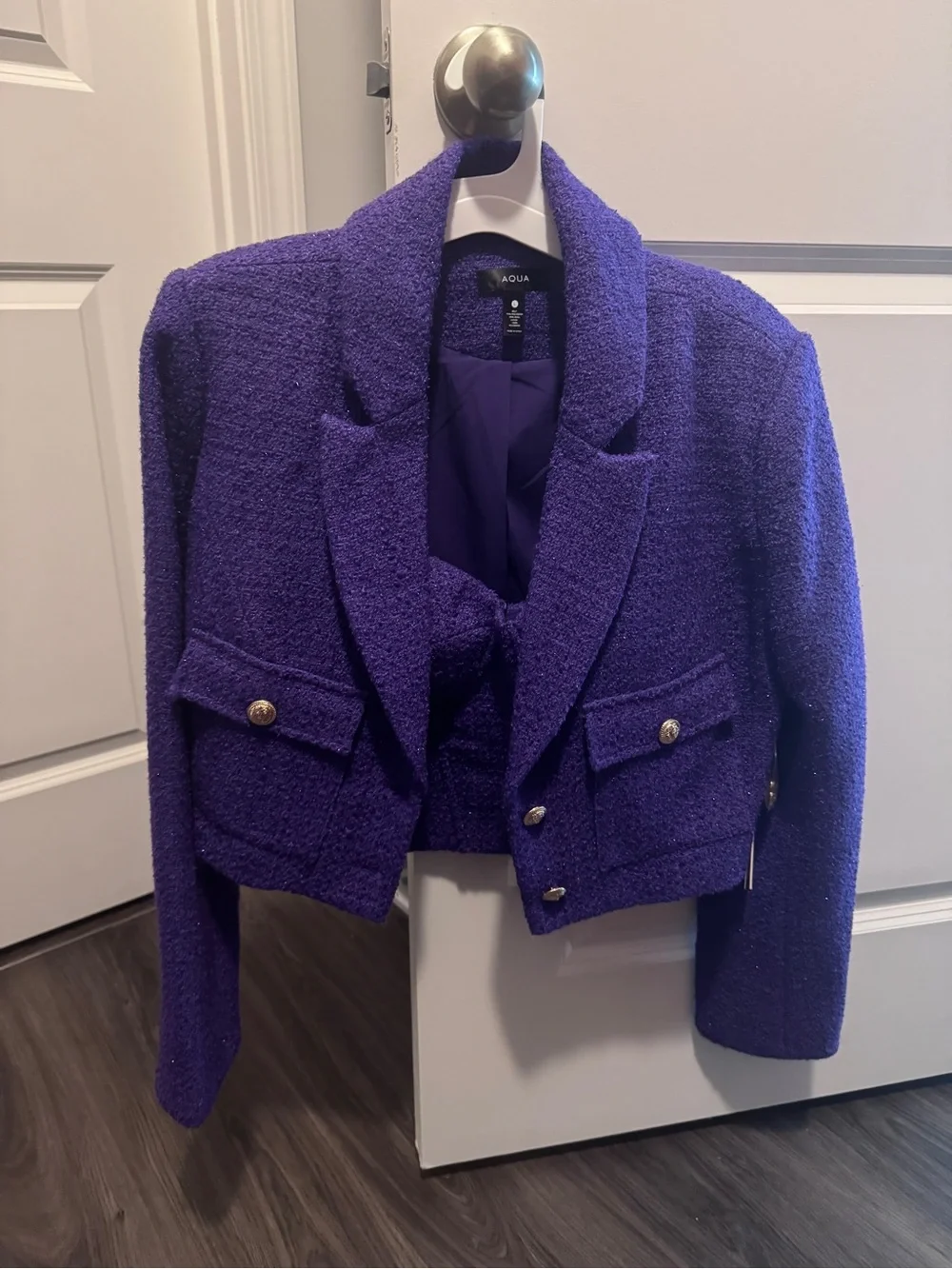 Aqua Purple Cropped Bouclé Blazer with Gold Buttons